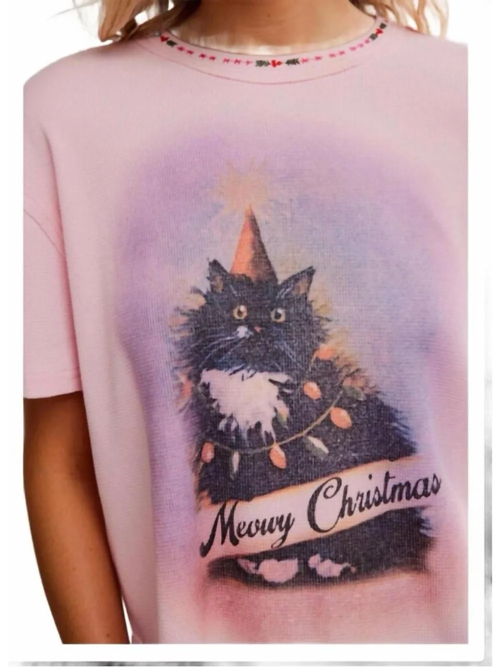 Free People Pink 'Meowy Christmas' Cat Graphic Tee - Pink (313)